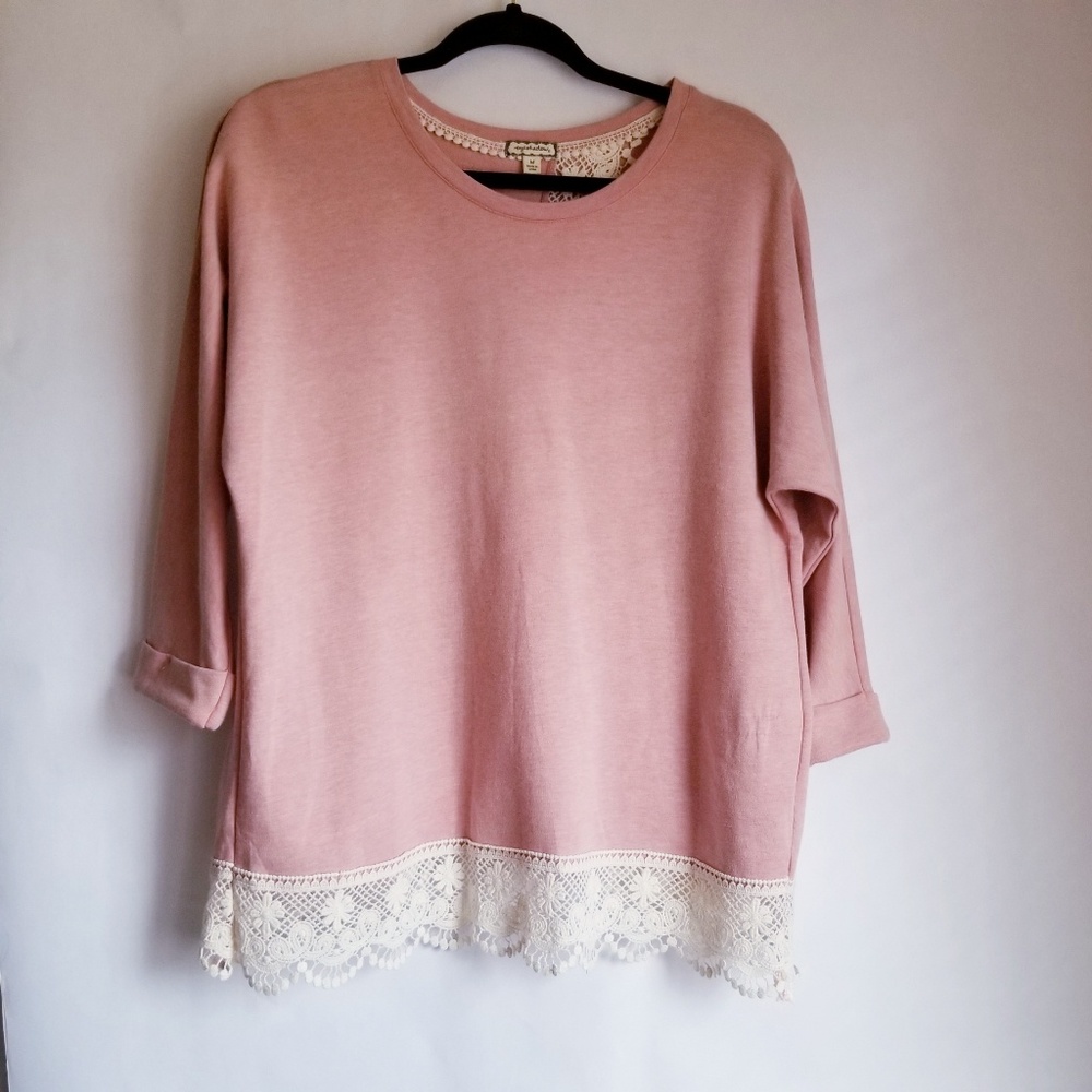 Eyeshadow Blush Pink Knit Split Back Lace Trim Top